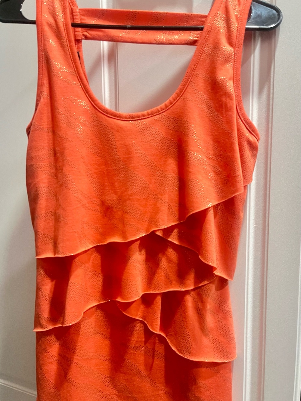 Iz Byer Coral Orange Ruffle Tank Top with Subtle Shimmer & Cut Out Back Design